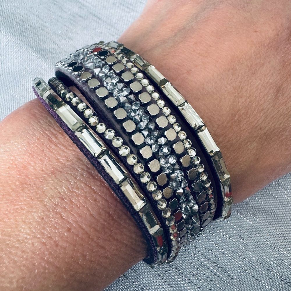Purple Crystal Silver Beaded Cuff Bracelet